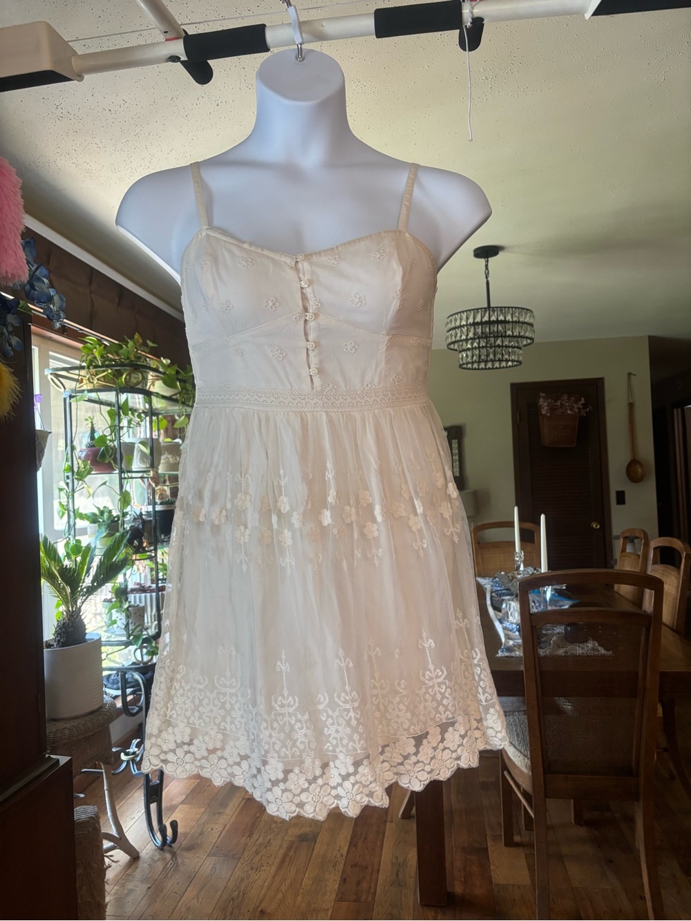 American Eagle Outfitters Cream Lace Sun Dress With Floral Details Size Medium